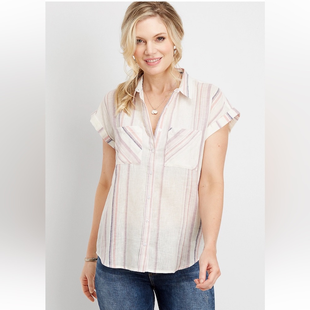 Thread & Supply Linen Blend Striped Button Down
